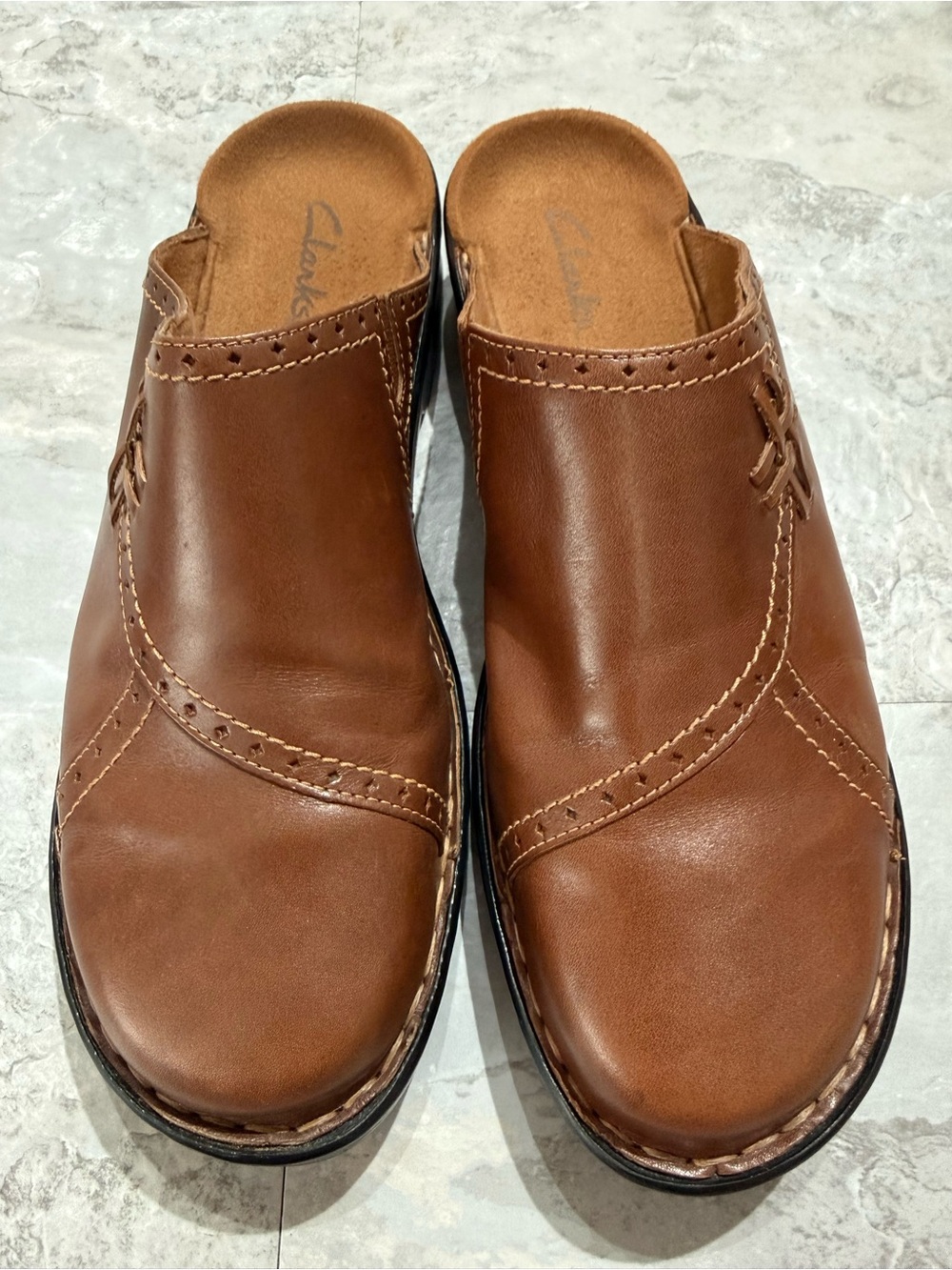 Clarks Women's Tan Brown Leather Mules Clogs Slip On Comfort Shoes Sz 11